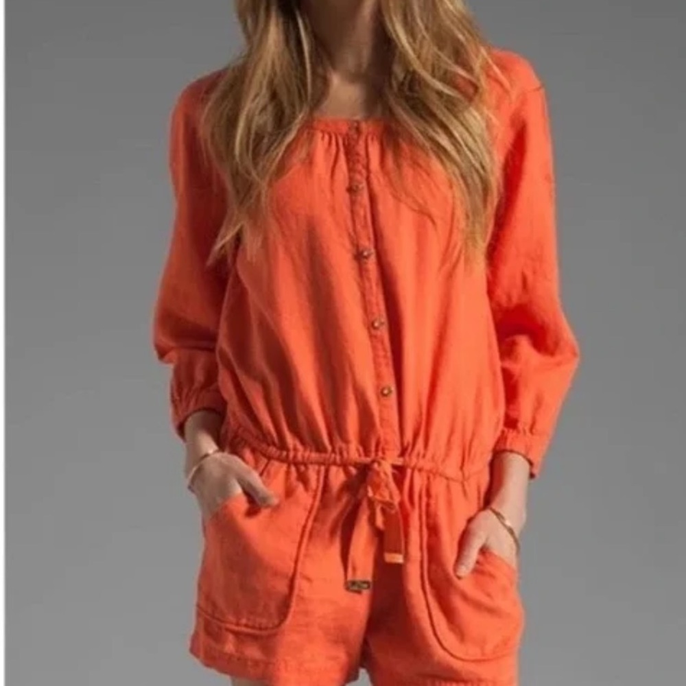 JUICY COUTURE Linen Blend Coral Orange Long Sleeve Utility Romper Shorts
